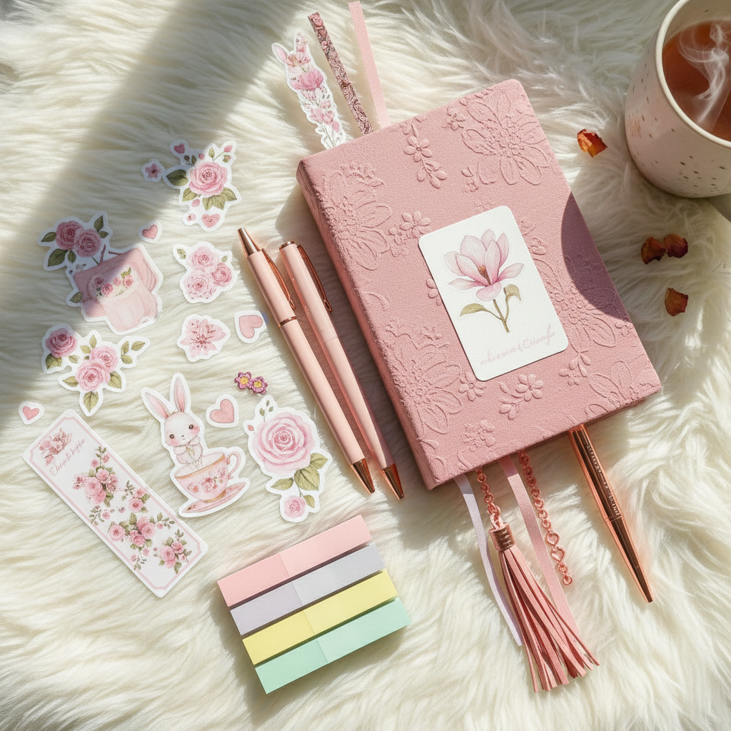 Flat lay of a pink journal bundle with journal, pens, stickers, post-it notes, and bookmarks