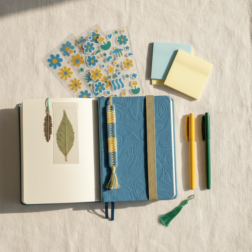 Flat lay of a blue, yellow, and green journal bundle with journal, pens, stickers, post-it notes, and bookmarks