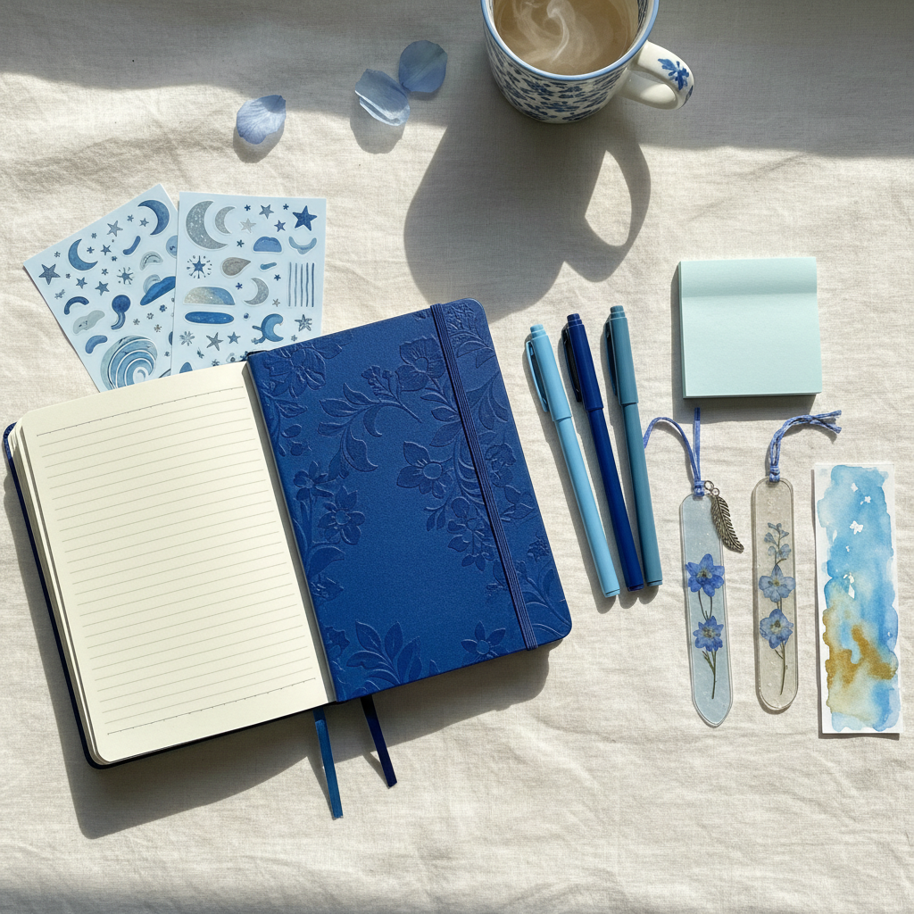 Flat lay of a blue journal bundle with journal, pens, stickers, post-it notes, and bookmarks